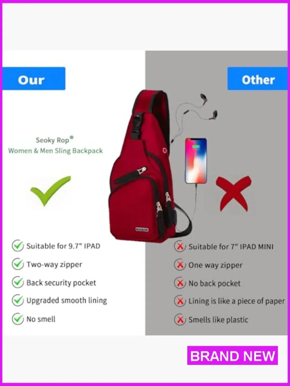 Sling Backpack Water Resistant Nylon Crossbody Shoulder Bag USB Charging Port